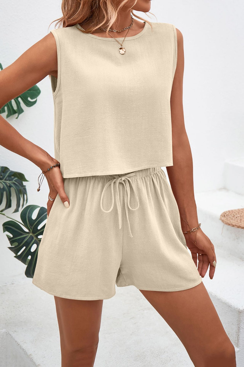PRE-ORDER: Round Neck Top and Drawstring Shorts Set