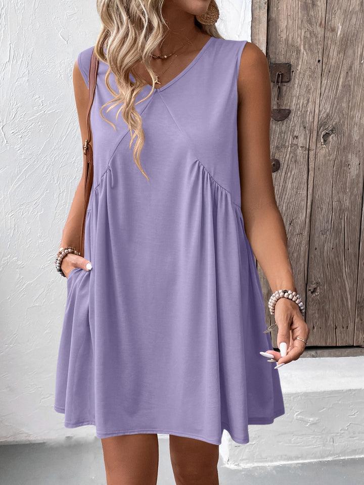 PRE-ORDER: Ruched V-Neck Sleeveless Mini Dress