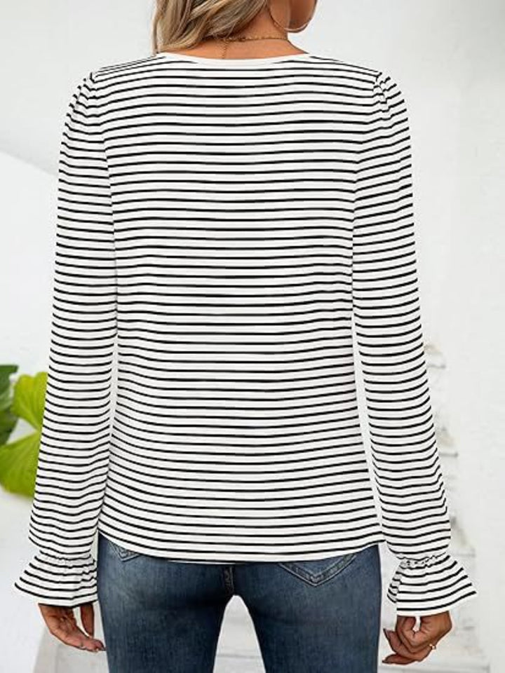 PRE-ORDER: Striped Square Neck Flounce Sleeve Top