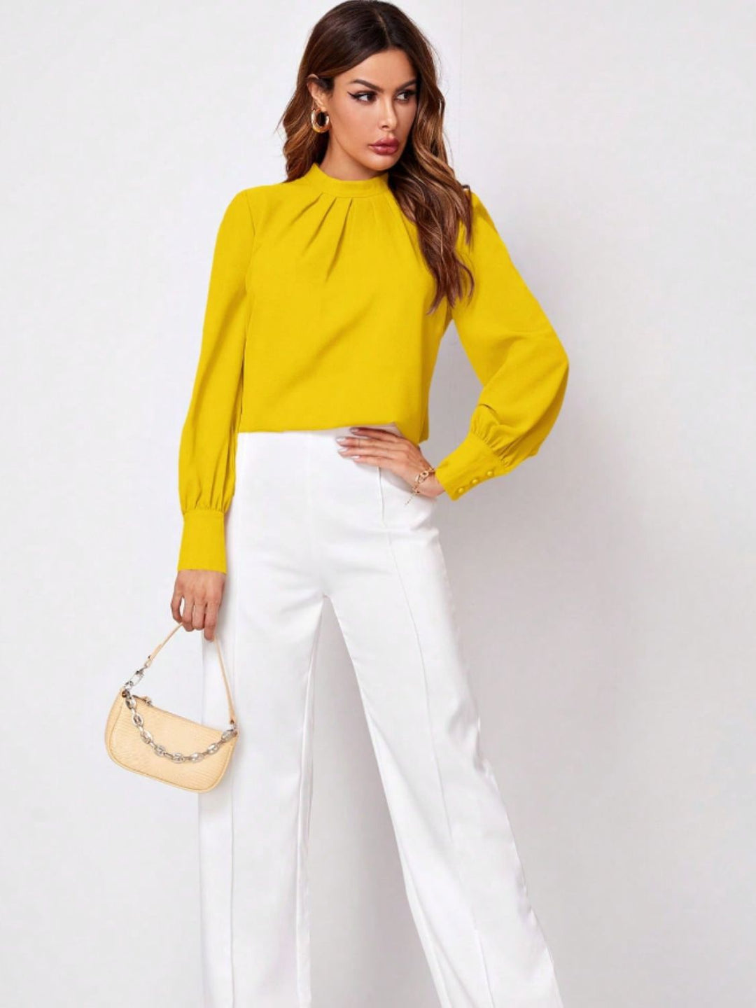 PRE-ORDER: Ruched Mock Neck Long Sleeve Blouse