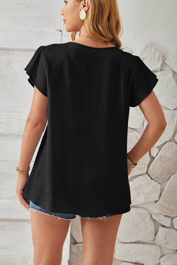 PRE-ORDER: Ruched V-Neck Flounce Sleeve Blouse