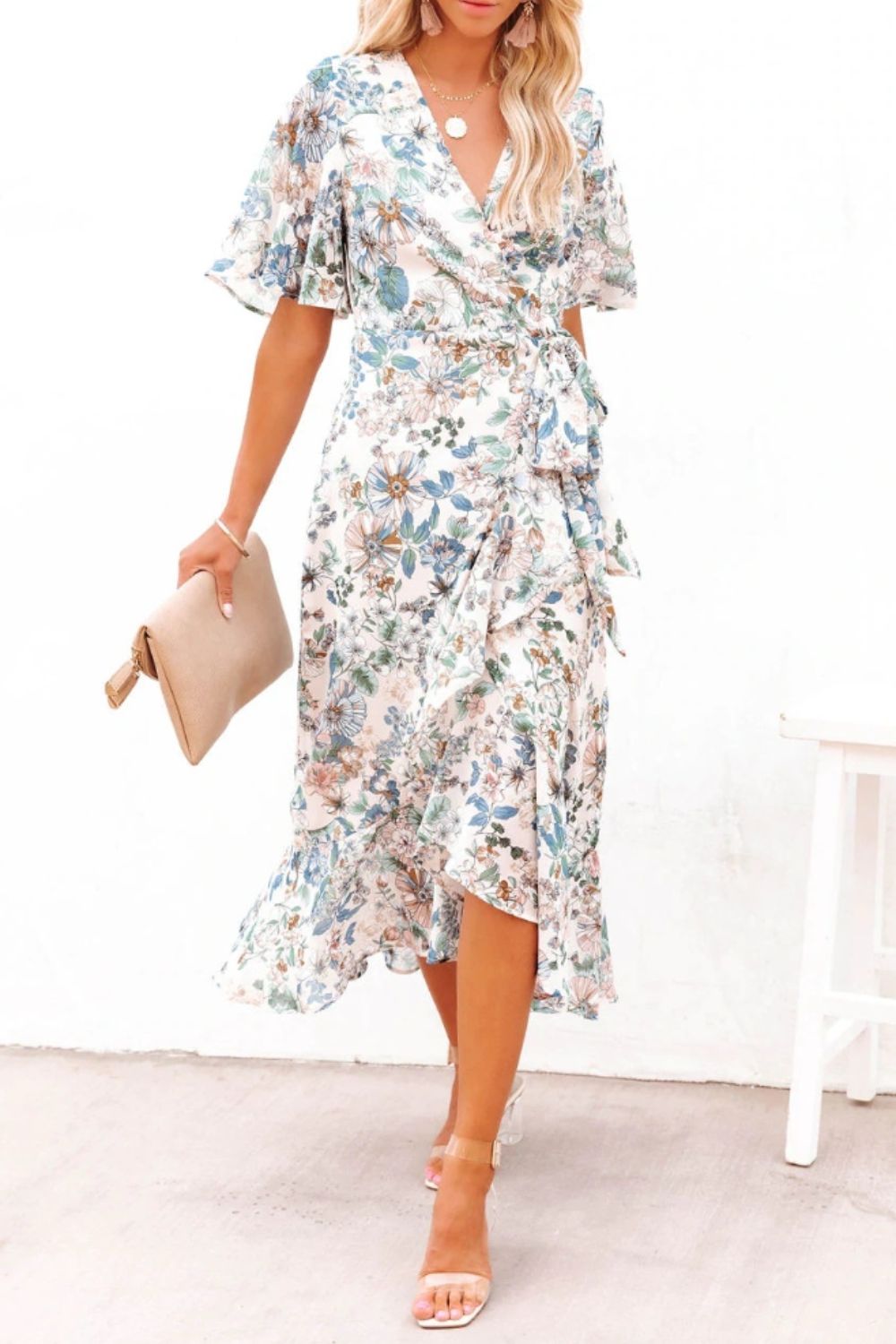 PRE-ORDER: High-Low Printed Surplice Flutter Sleeve Midi Dress