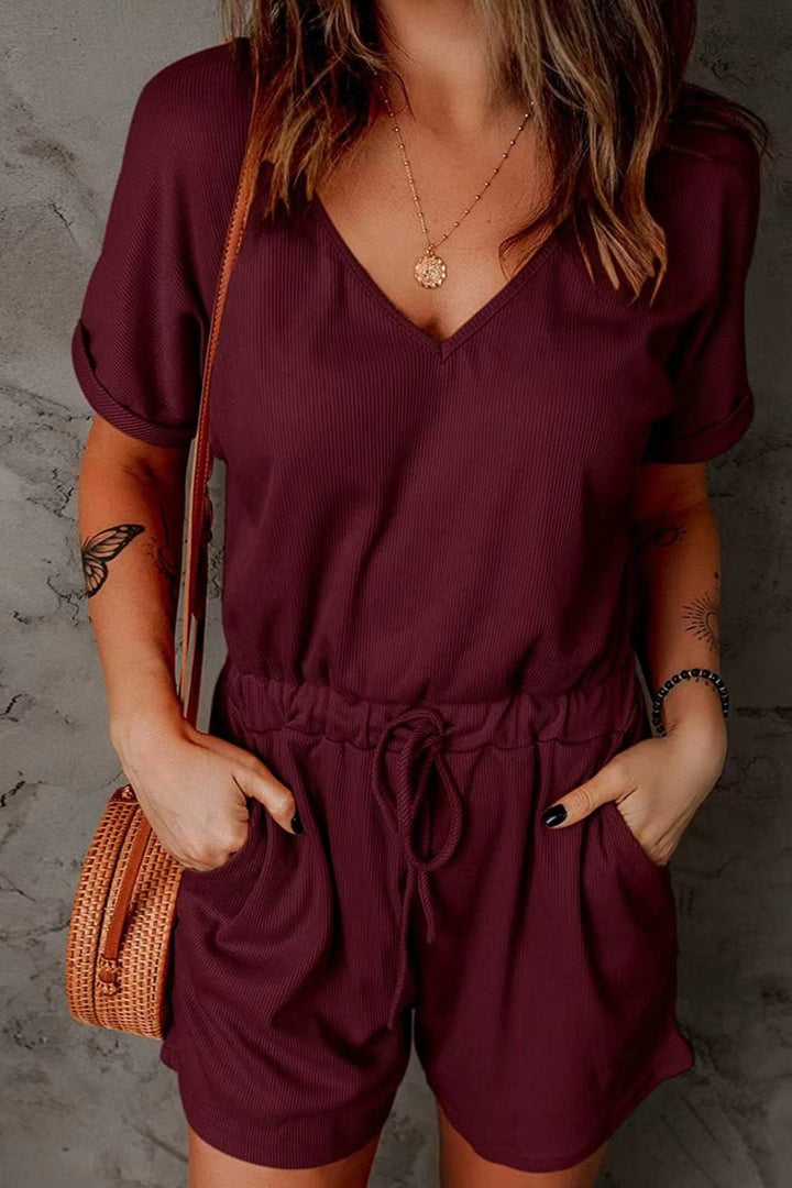 PRE-ORDER: Full Size Drawstring V-Neck Short Sleeve Romper