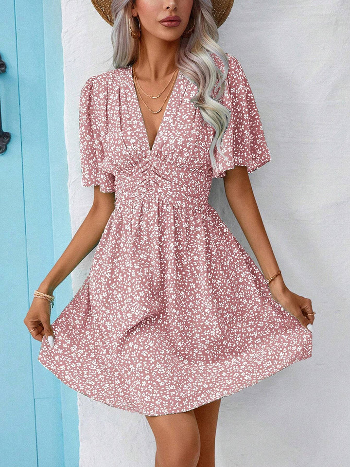 PRE-ORDER: Printed V-Neck Half Sleeve Mini Dress