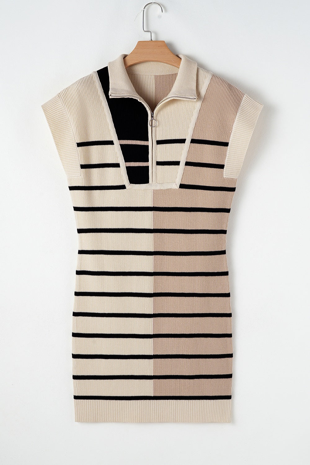 PRE-ORDER: Striped Quarter Zip Cap Sleeve Sweater Dress