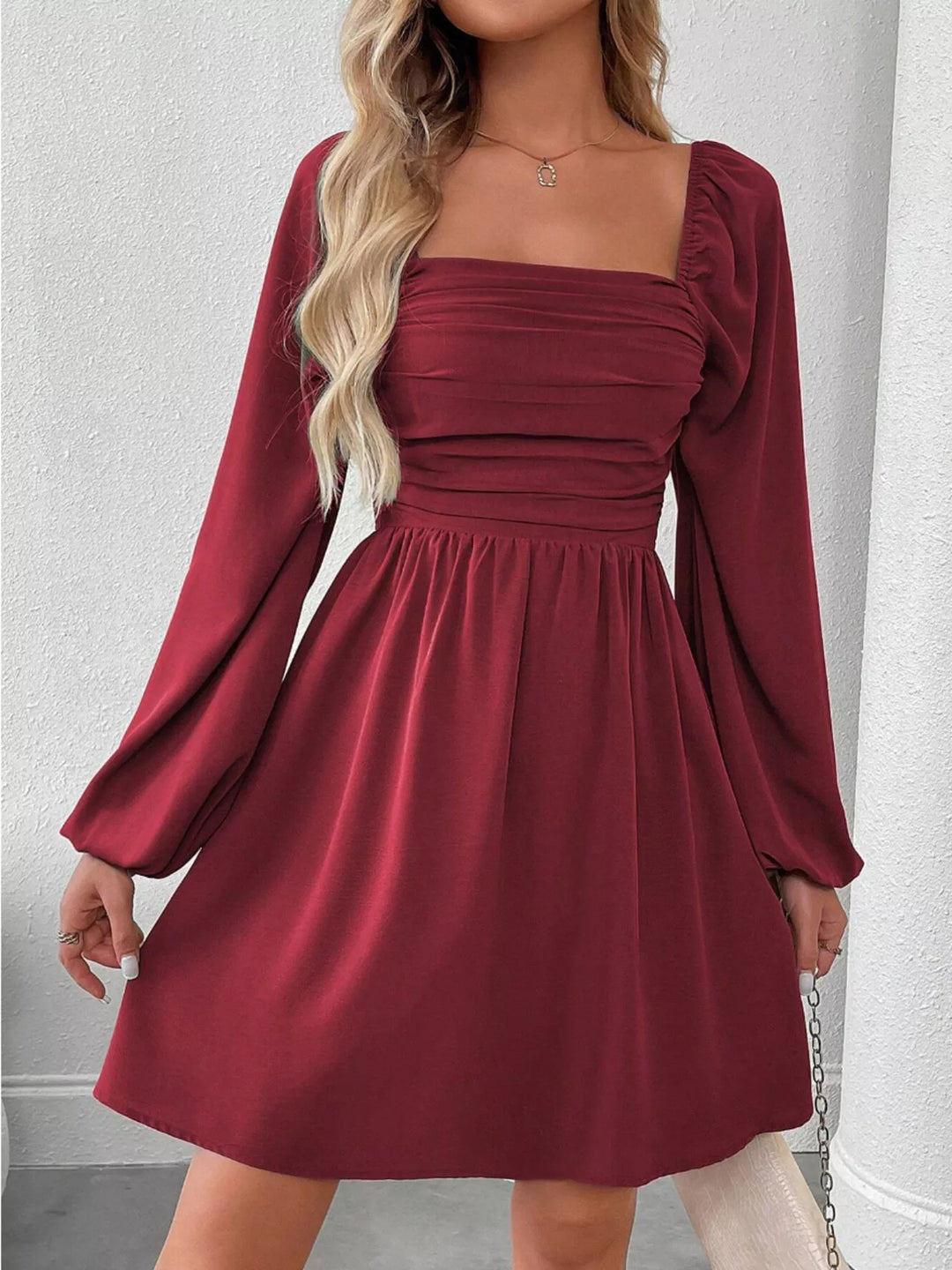 long sleeve square neck ruched dress PRE-ORDER: Ruched Square Neck Long Sleeve A-Line Dress