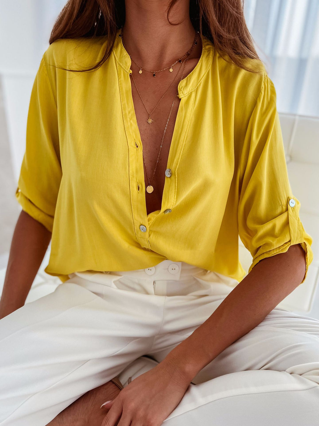 PRE-ORDER: Half Button Notched Half Sleeve Blouse