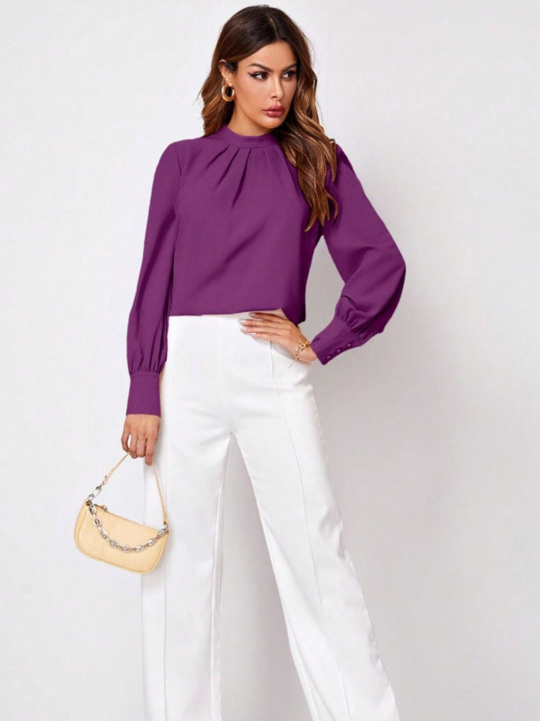 PRE-ORDER: Ruched Mock Neck Long Sleeve Blouse