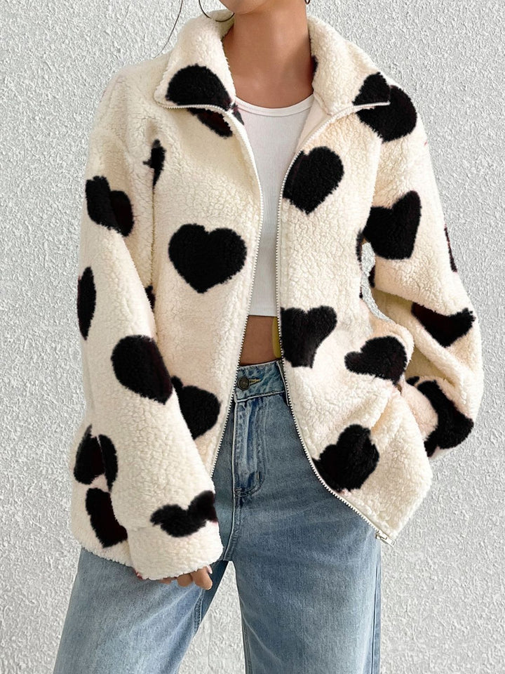 PRE-ORDER: Heart Zip Up Drop Shoulder Furry Jacket