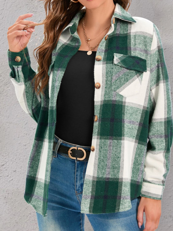 PRE-ORDER: Full Size Pocketed Plaid Collared Neck Shacket