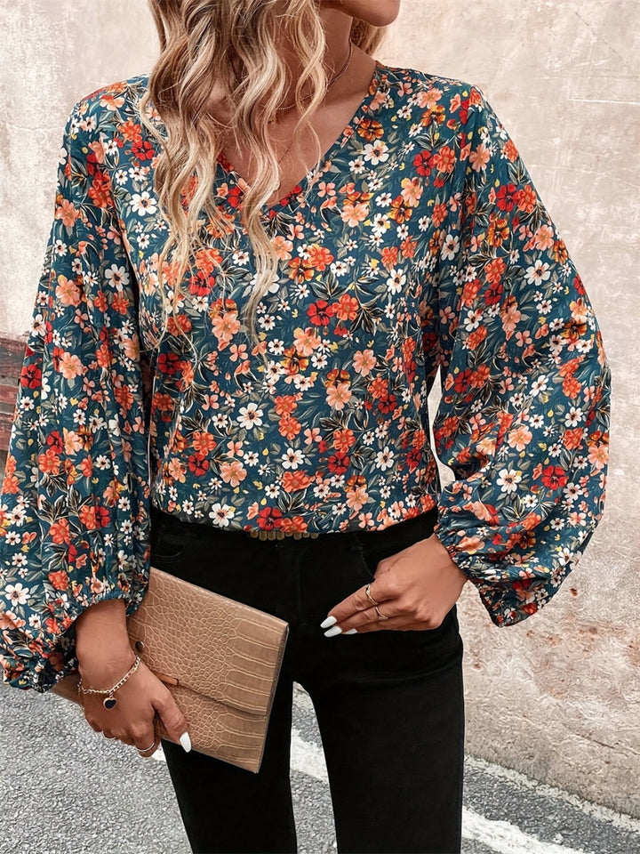 PRE-ORDER: Printed V-Neck Balloon Sleeve Blouse