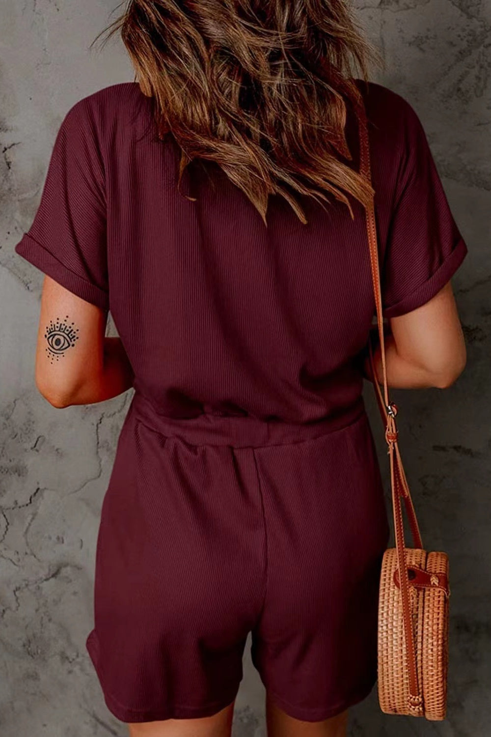 PRE-ORDER: Full Size Drawstring V-Neck Short Sleeve Romper