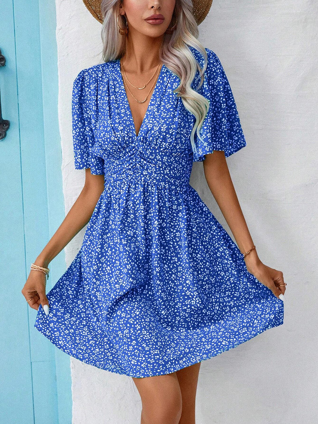 PRE-ORDER: Printed V-Neck Half Sleeve Mini Dress