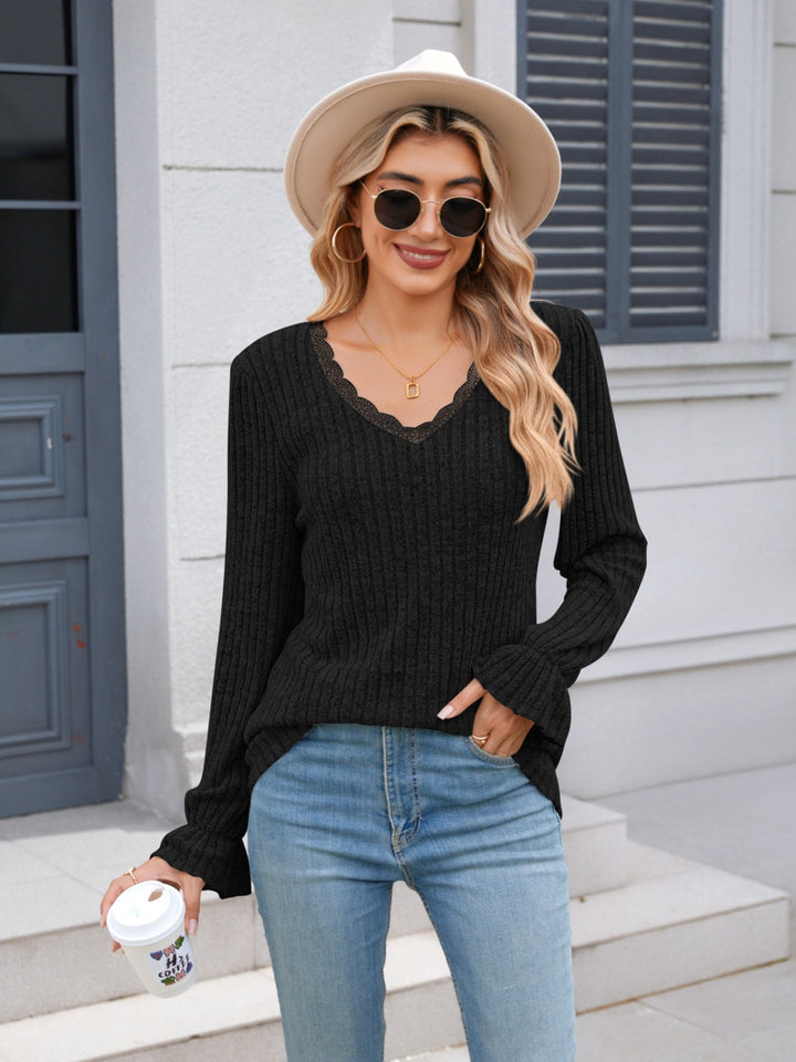 PRE-ORDER: Lace Detail V-Neck Long Sleeve T-Shirt