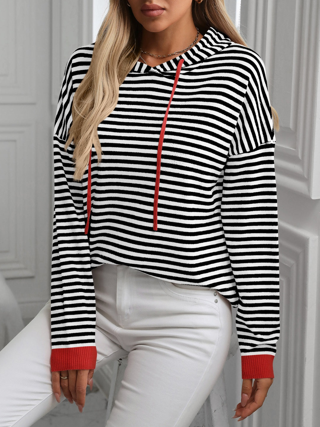 PRE-ORDER: Striped Long Sleeve Hooded Knit Top