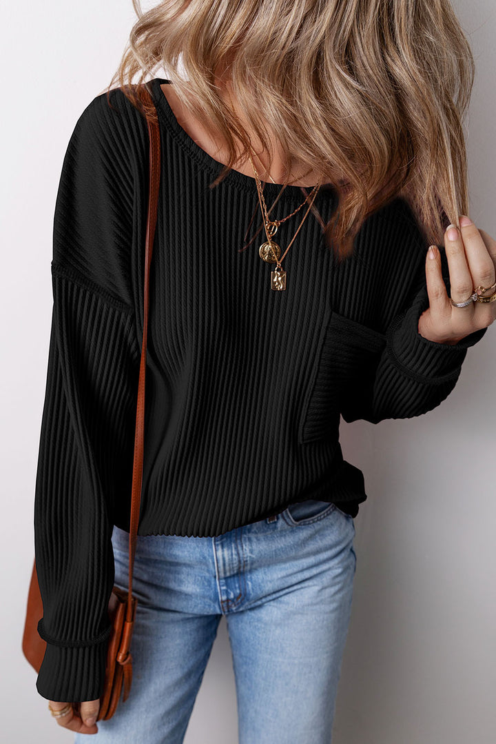 PRE-ORDER: Pocketed Round Neck Long Sleeve Top