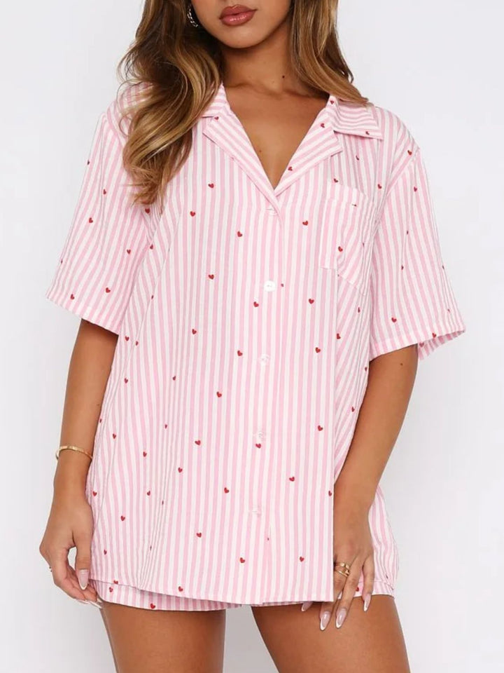 PRE-ORDER: Valentine's Day Printed Collared Neck Short Sleeve Top and Shorts Set