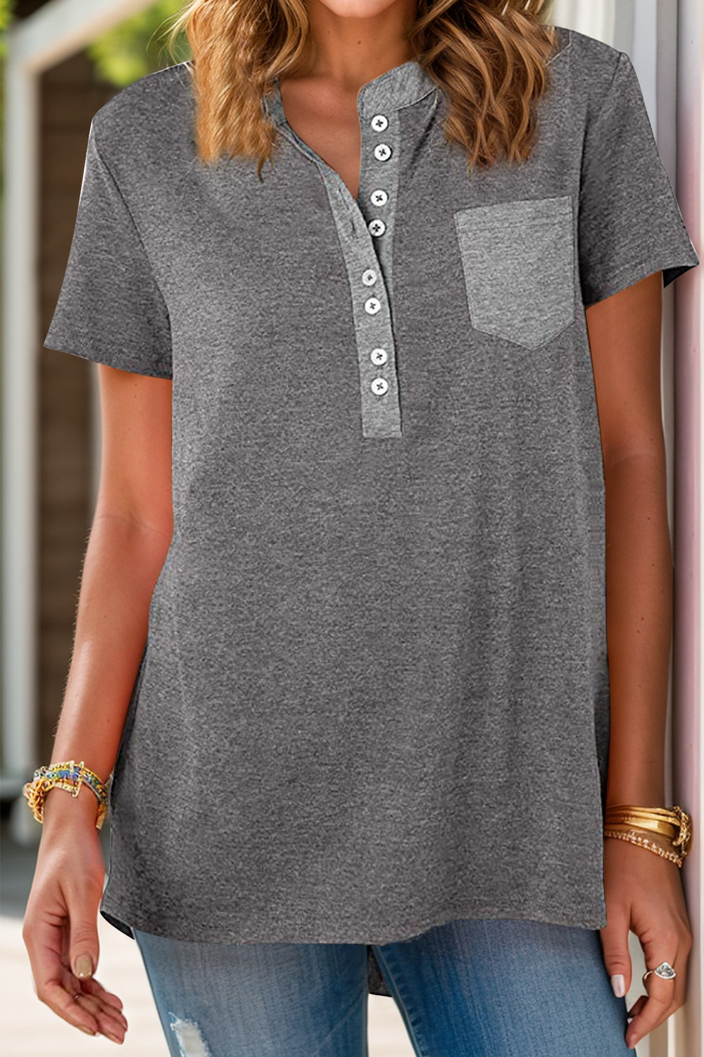 PRE-ORDER: Full Size Half Button Short Sleeve T-Shirt