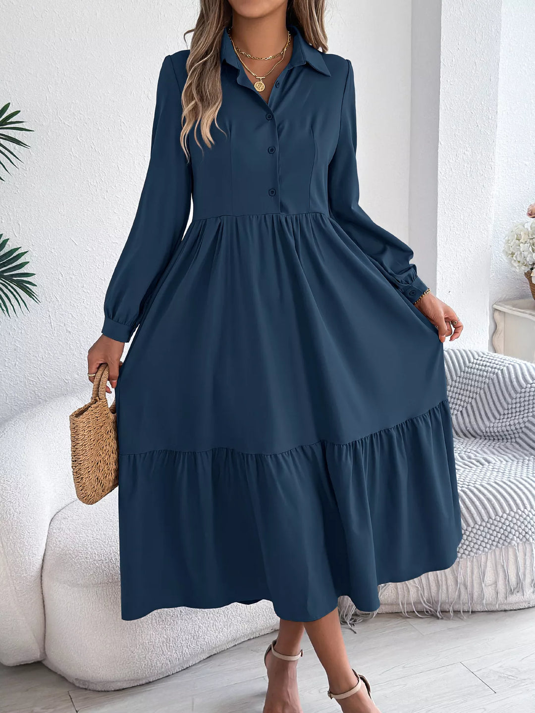 Pre-Order: Long Sleeve Tiered Button Front Midi Dress Pre-Order: Long Sleeve Tiered Button Front Midi Dress
