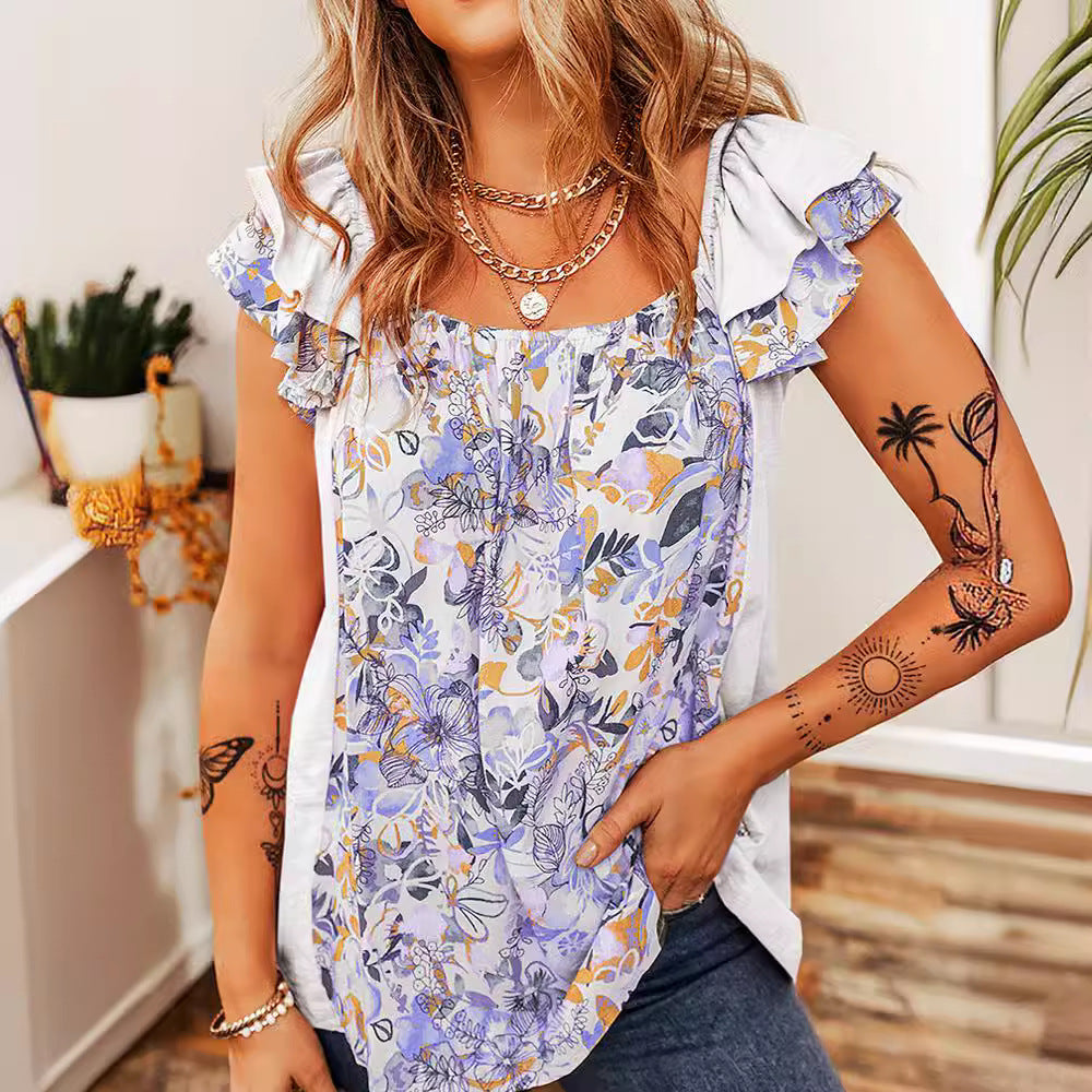 PRE-ORDER: Ruffled Floral Square Neck Cap Sleeve Blouse