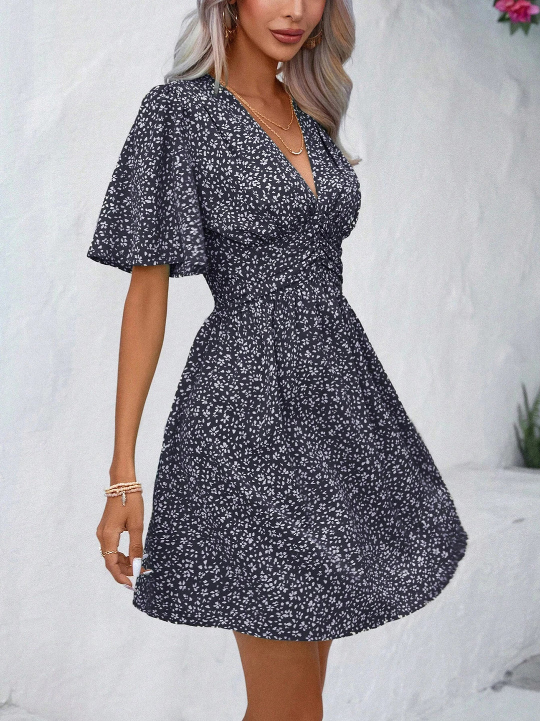 PRE-ORDER: Printed V-Neck Half Sleeve Mini Dress