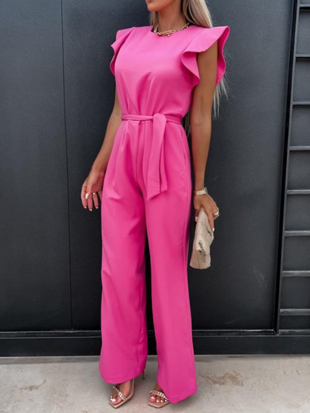 PRE-ORDER: Ruffled Round Neck Cap Sleeve Jumpsuit