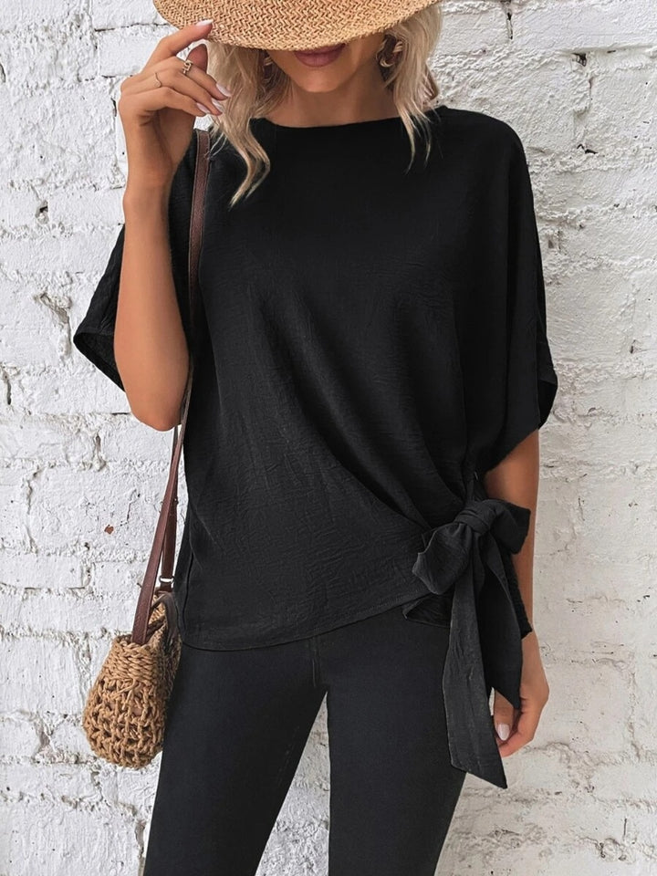 PRE-ORDER: Knotted Round Neck Half Sleeve Blouse