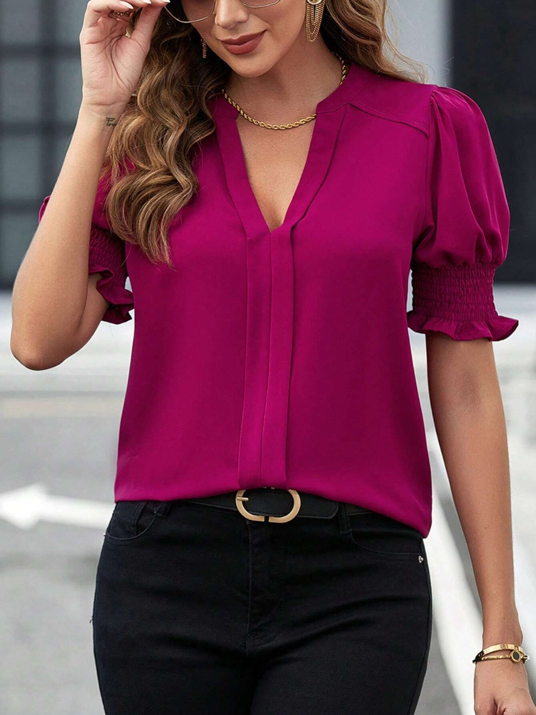 PRE-ORDER: Notched Short Sleeve Blouse
