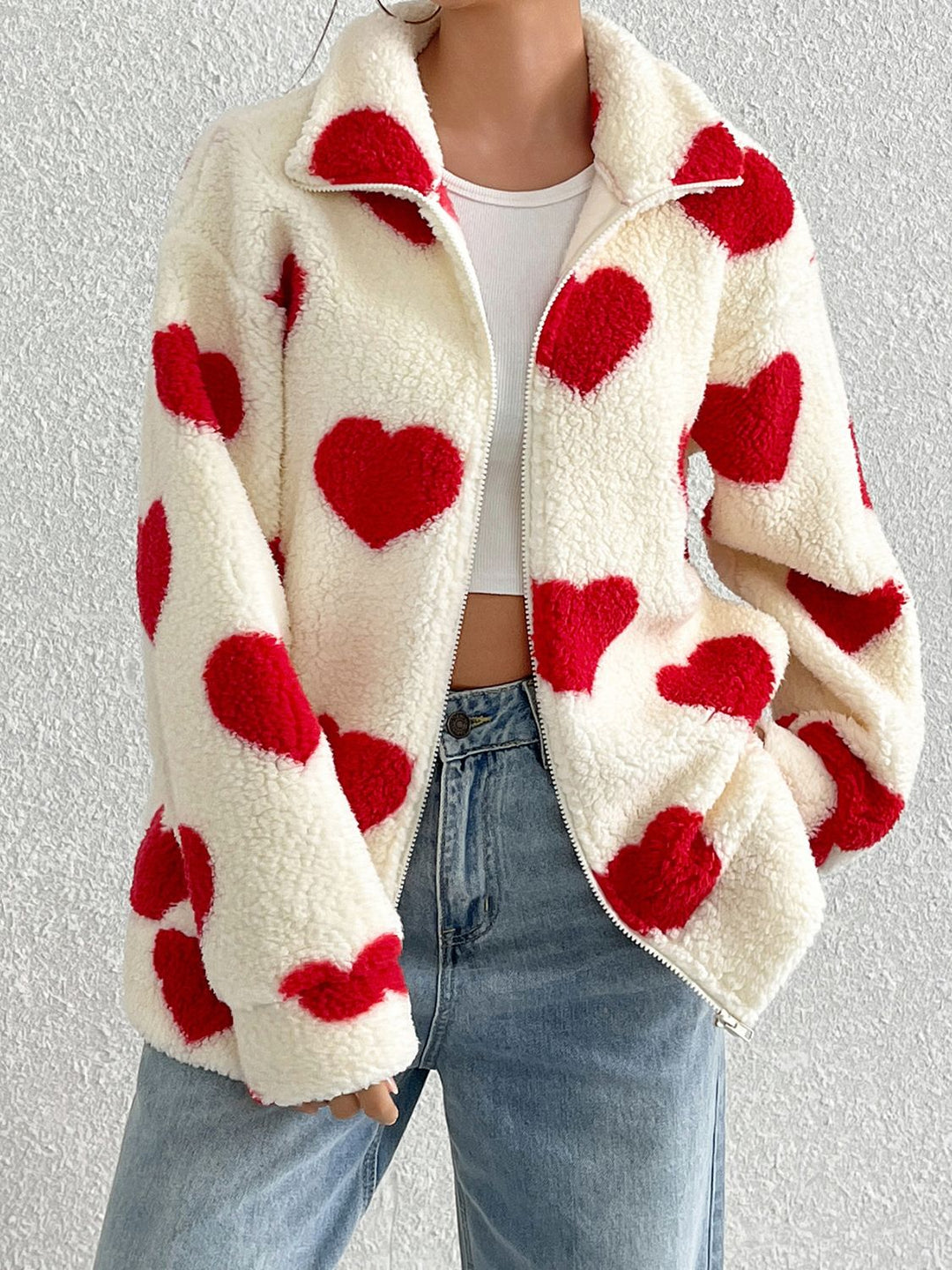 PRE-ORDER: Heart Zip Up Drop Shoulder Furry Jacket