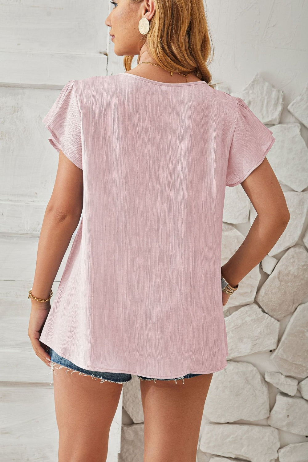 PRE-ORDER: Ruched V-Neck Flounce Sleeve Blouse