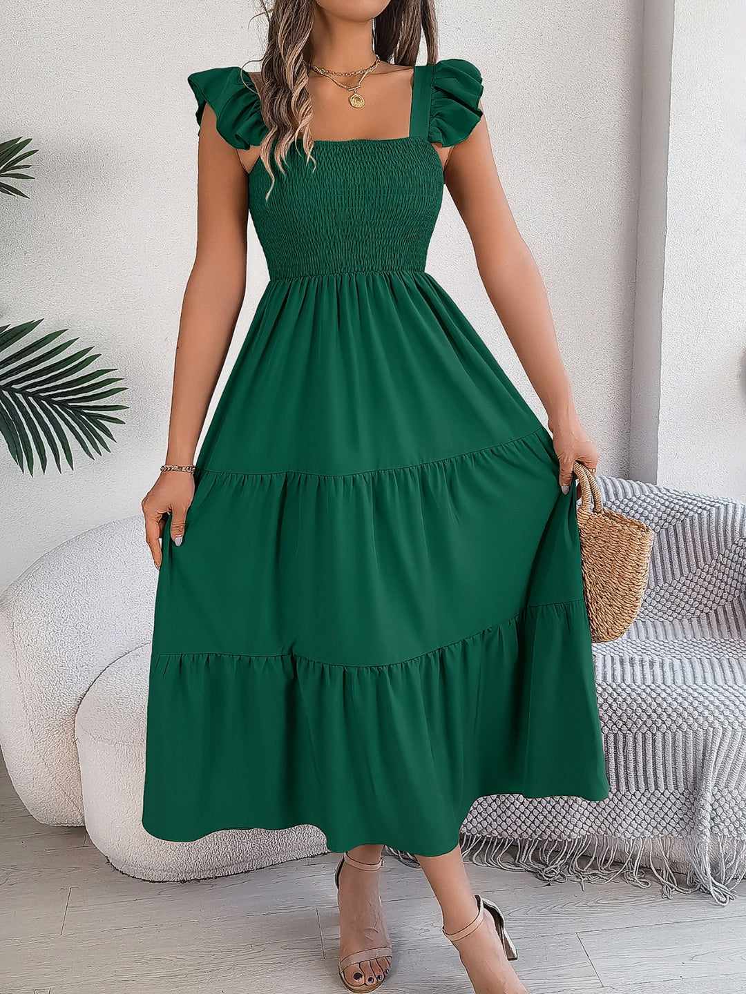 PRE-ORDER: Smocked Square Neck Cap Sleeve Midi Dress