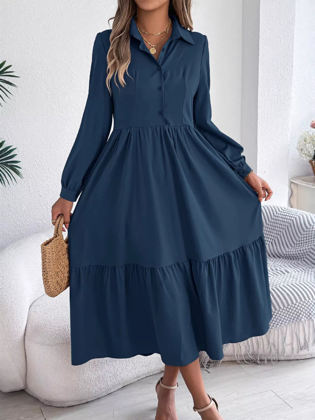 button front midi dress long sleeve Women's Long Sleeve Linen Button Down Midi Dress
