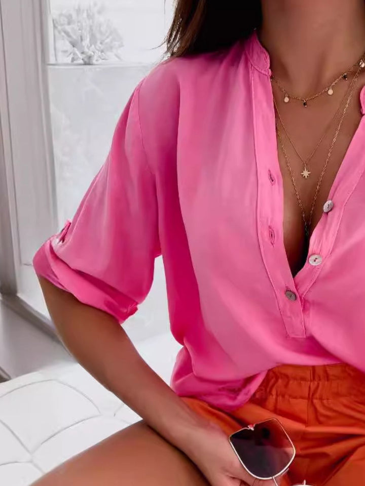 PRE-ORDER: Half Button Notched Half Sleeve Blouse