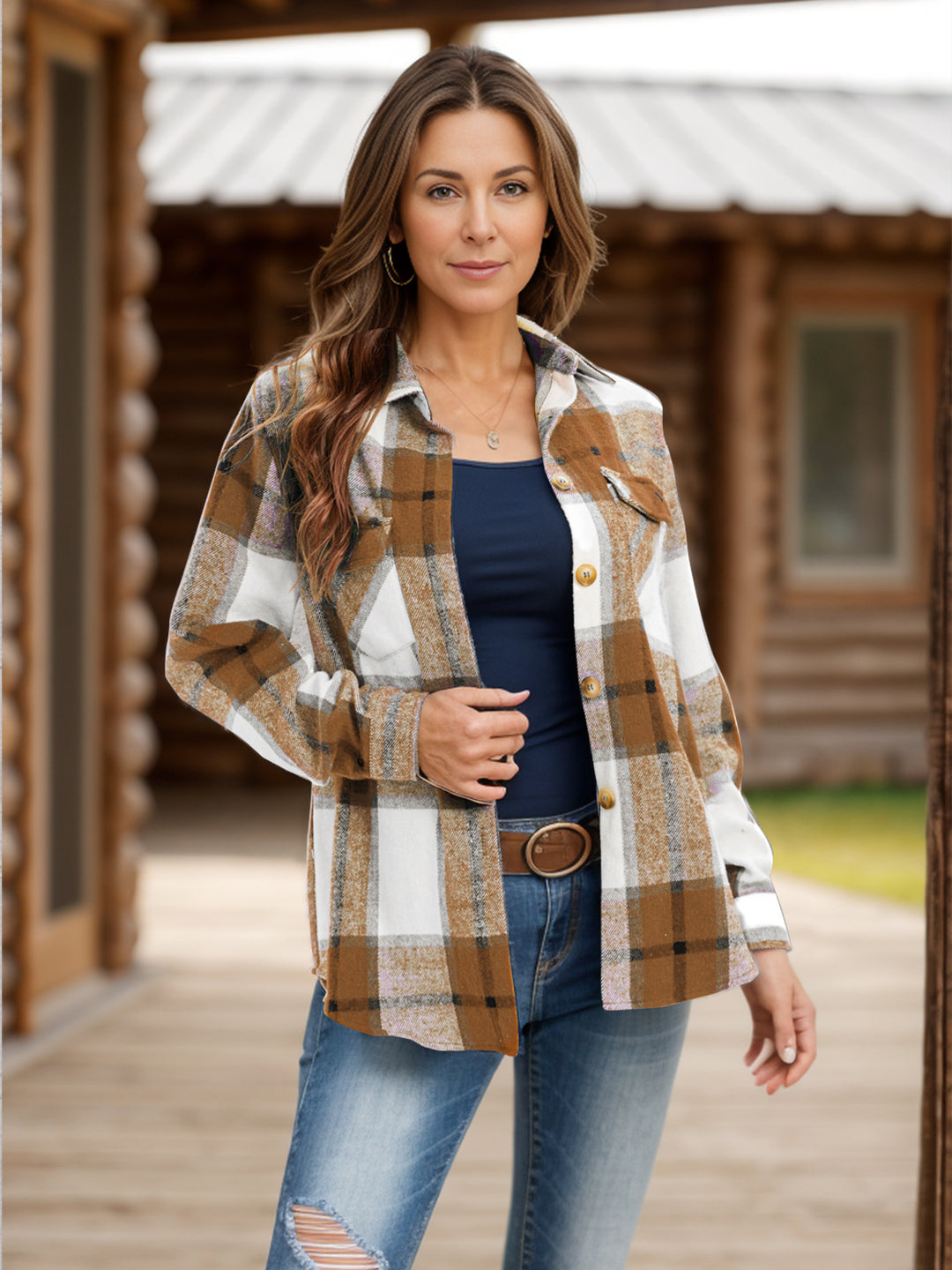 PRE-ORDER: Full Size Pocketed Plaid Collared Neck Shacket