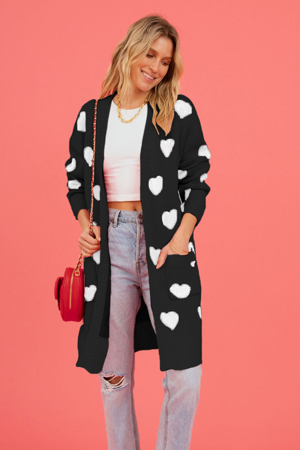 PRE-ORDER: Heart Graphic Open Front Cardigan with Pockets