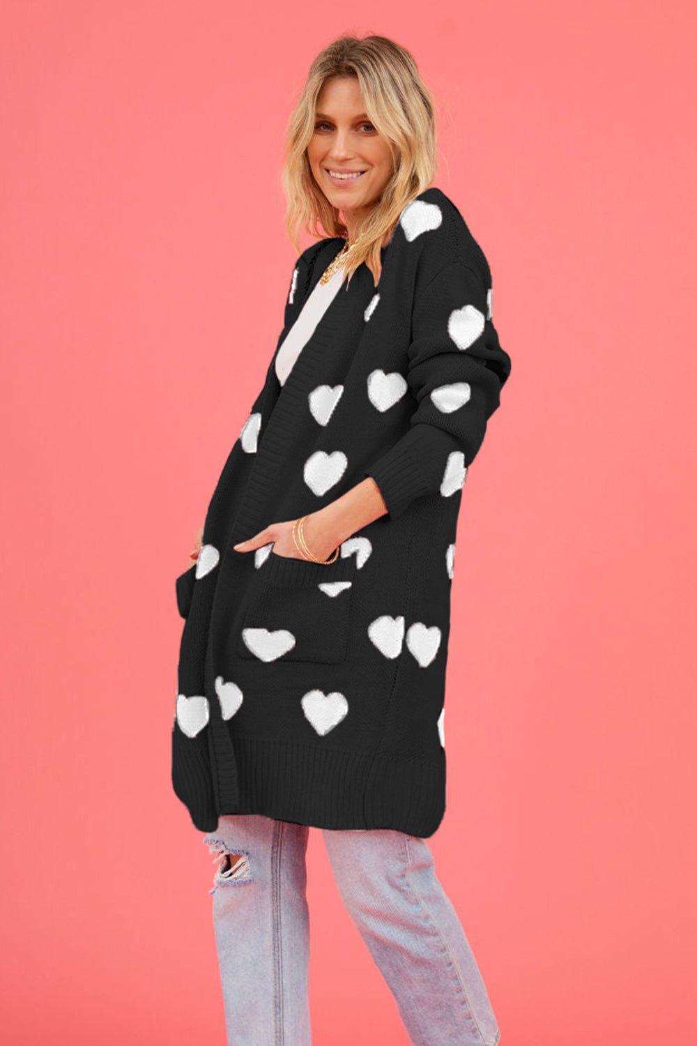 PRE-ORDER: Heart Graphic Open Front Cardigan with Pockets