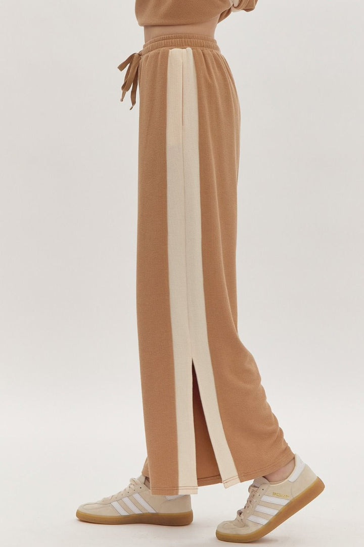 Solid Ribbed Contrast Trim Wide Leg Pants in Camel