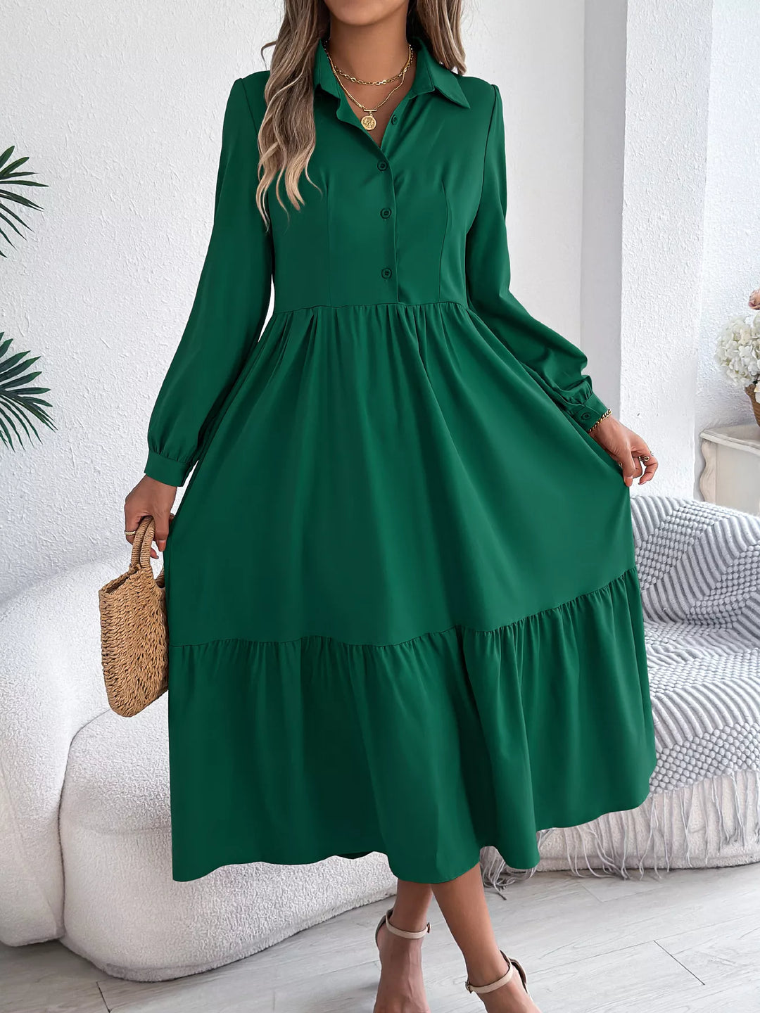 Pre-Order: Long Sleeve Tiered Button Front Midi Dress Pre-Order: Long Sleeve Tiered Button Front Midi Dress
