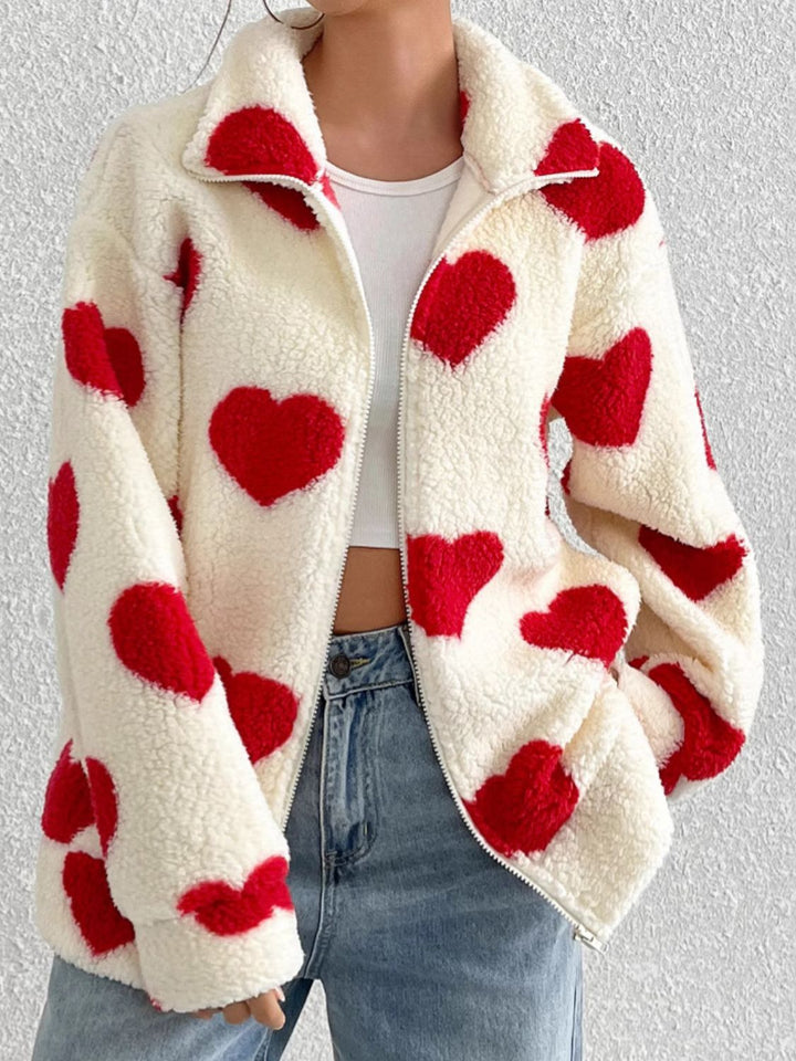 PRE-ORDER: Heart Zip Up Drop Shoulder Furry Jacket