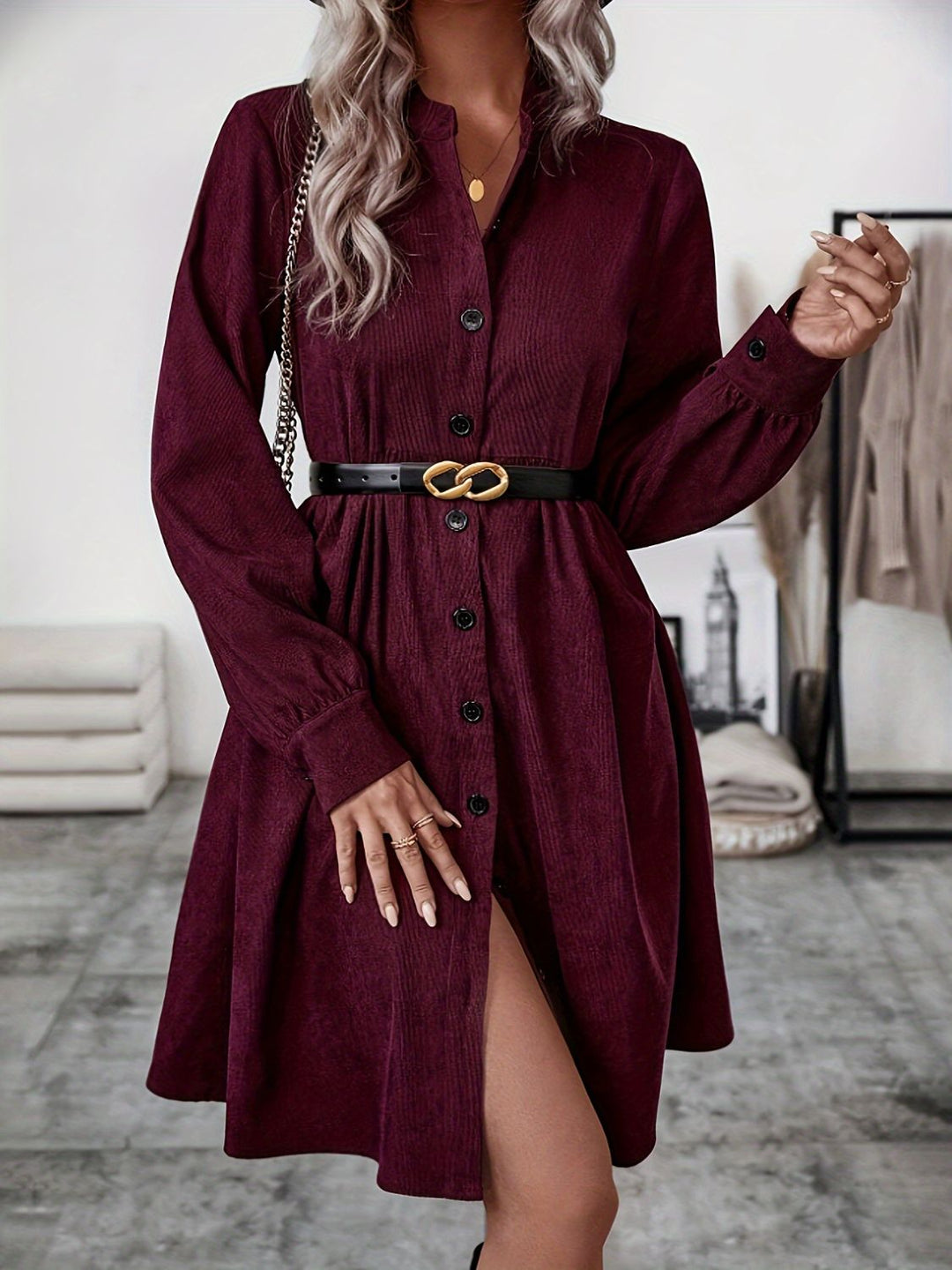 PRE-ORDER: Ruched Button Up Long Sleeve Dress