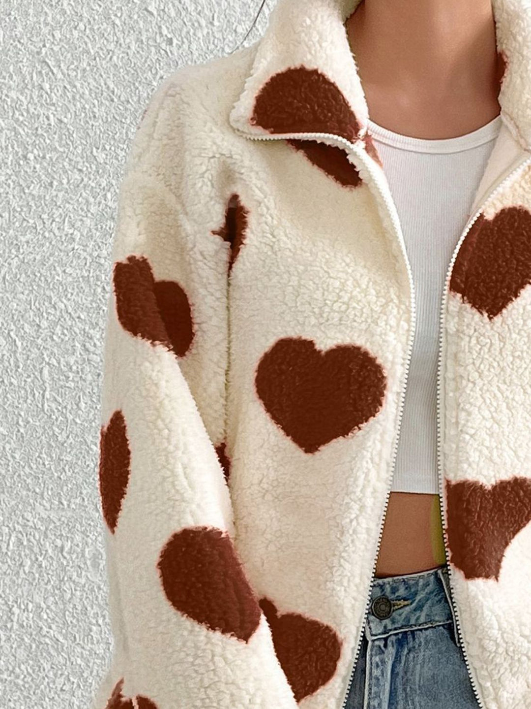 PRE-ORDER: Heart Zip Up Drop Shoulder Furry Jacket