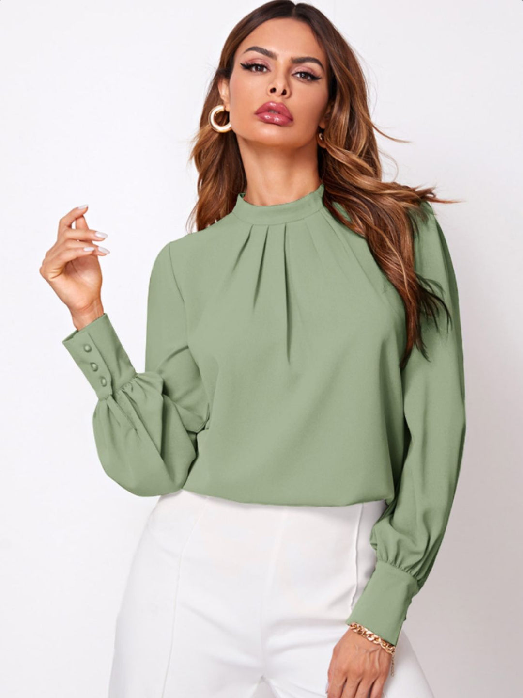 PRE-ORDER: Ruched Mock Neck Long Sleeve Blouse