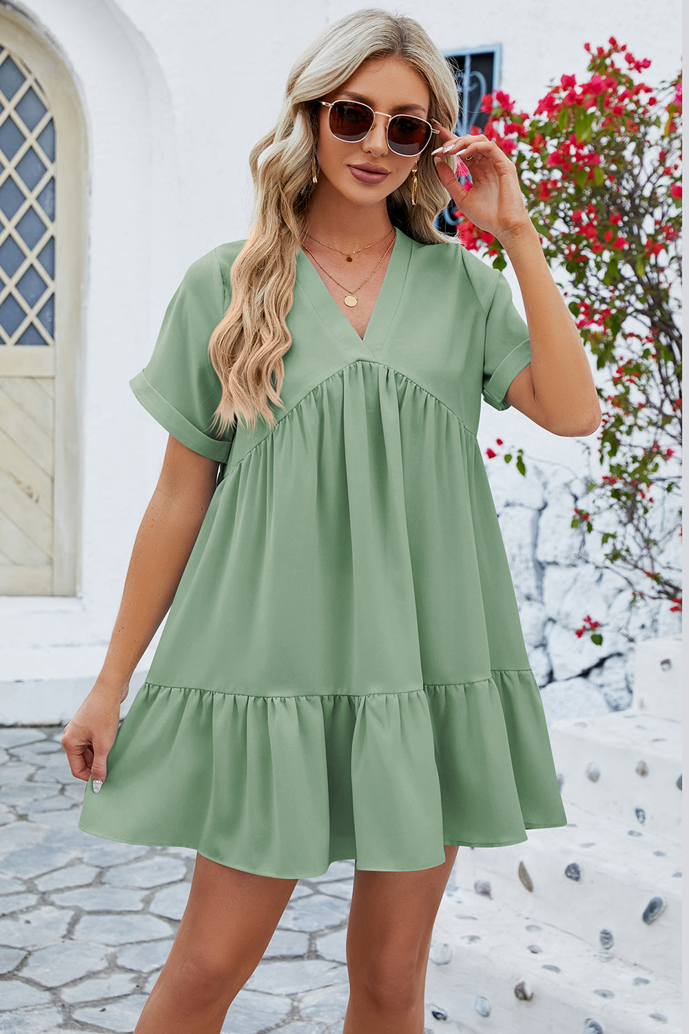 PRE-ORDER: Ruched Tiered V-Neck Short Sleeve Mini Dress Pretty Little Distraction Boutique PRE-ORDER: Ruched Tiered V-Neck Short Sleeve Mini Dress Pretty Little Distraction Boutique