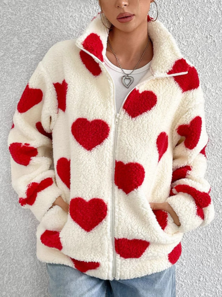 PRE-ORDER: Heart Zip Up Drop Shoulder Furry Jacket