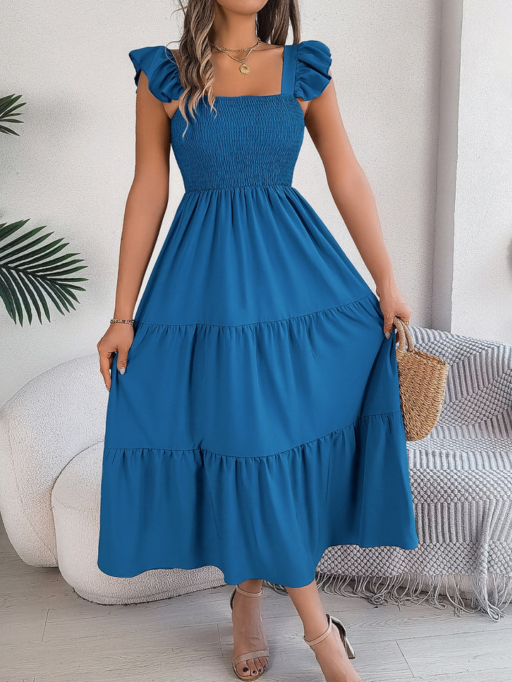 PRE-ORDER: Smocked Square Neck Cap Sleeve Midi Dress