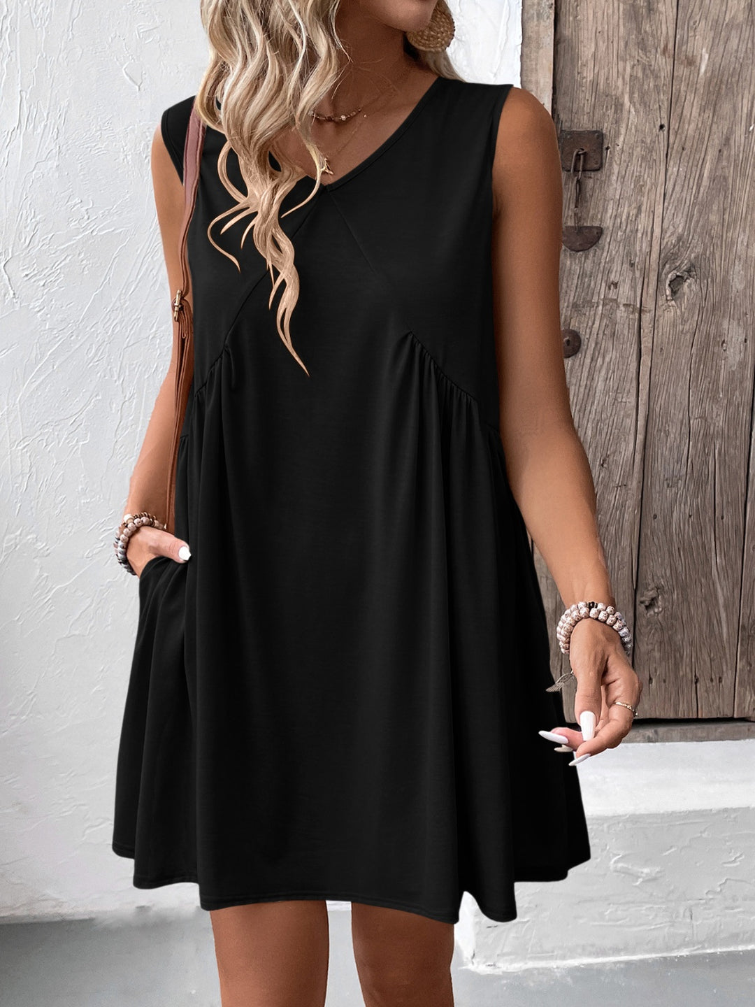 PRE-ORDER: Ruched V-Neck Sleeveless Mini Dress