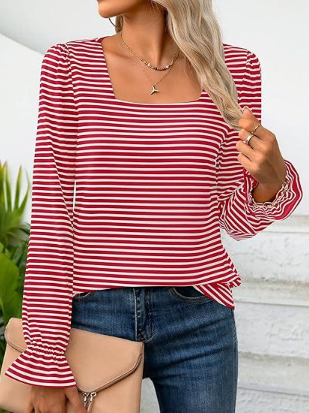 PRE-ORDER: Striped Square Neck Flounce Sleeve Top