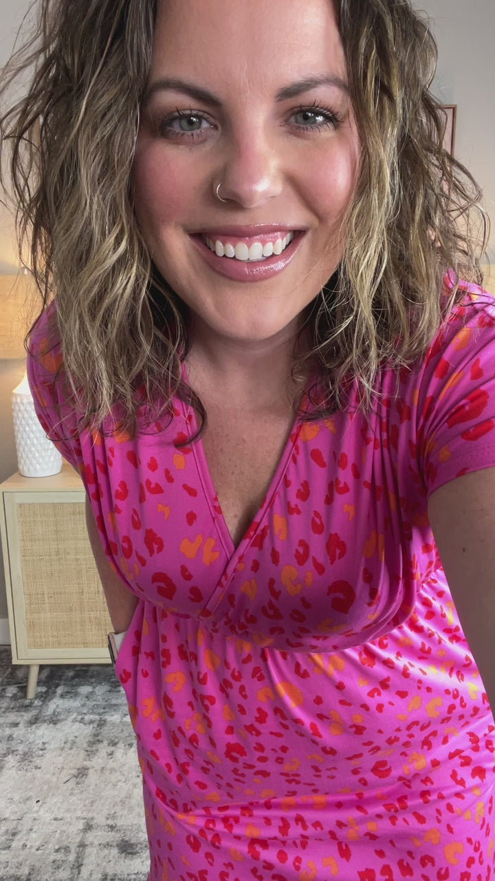 Fuchsia Leopard Surplice V Neck Pocketed Dress