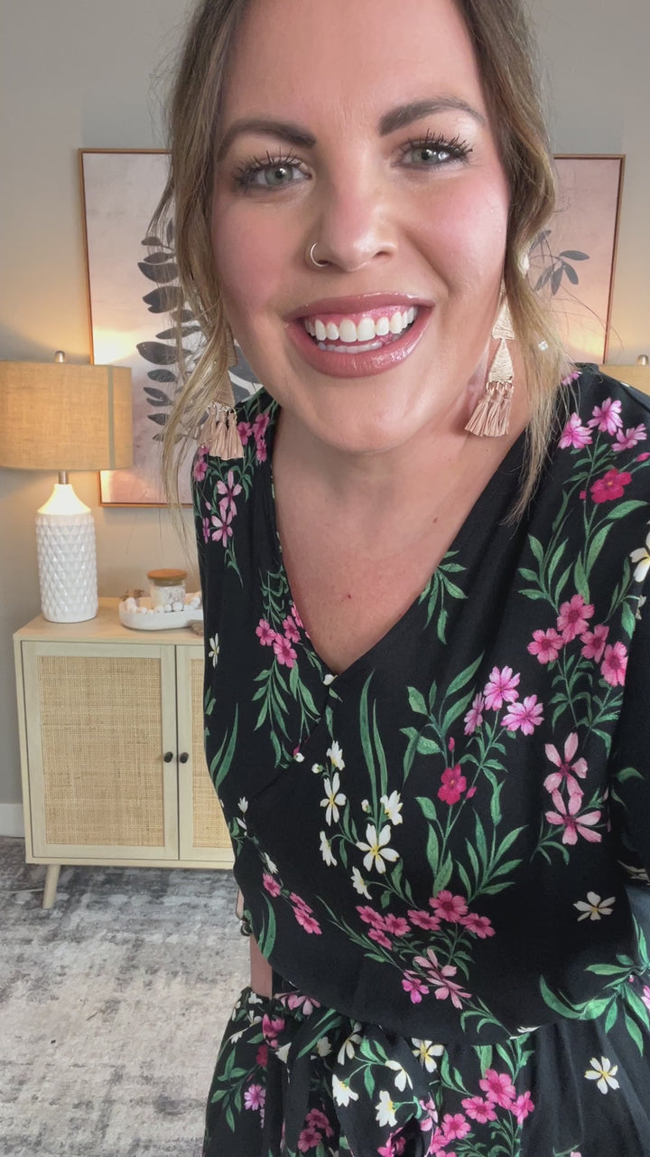 Black & Floral Surplice Short Sleeve Pocketed Romper