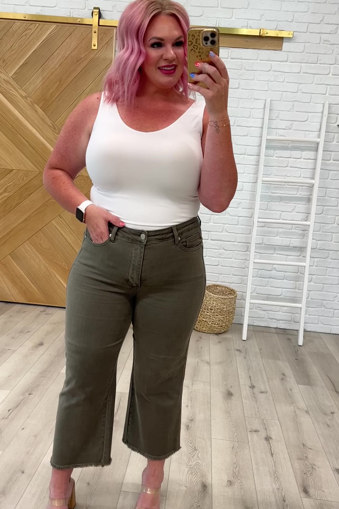 Harvey High Rise Control Top Wide Leg Crop Jeans in Olive